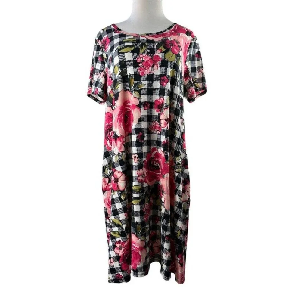 Lularoe Jessie Dress Pockets Scoop Neck Plaid Floral Short Sleeve Plus Size 3XL - Picture 1 of 6